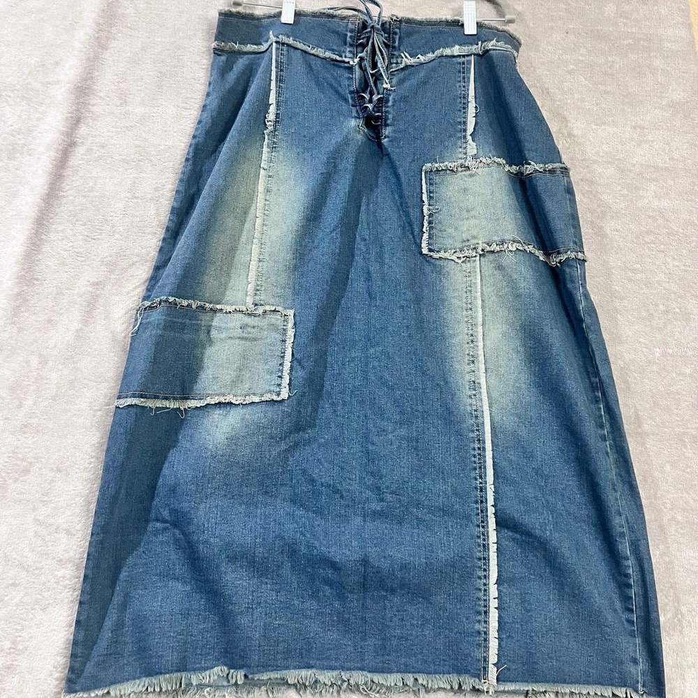 Patchwork Denim Maxi Skirt Women Large Blue Boho Lace Up Distressed Y2K Western